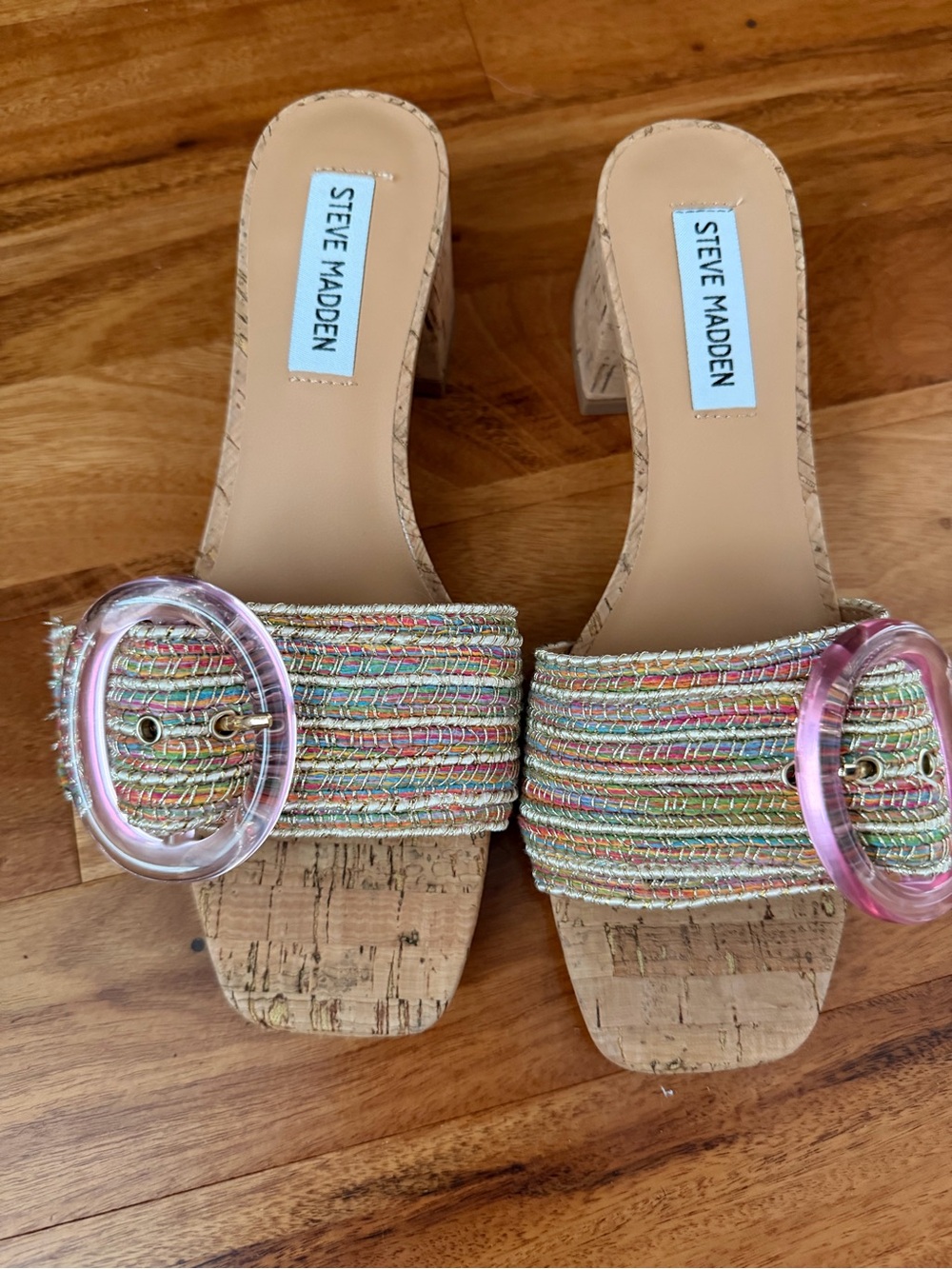 Steve Madden Multicolor Woven Cork Block Heel Mules with Pink Buckle
